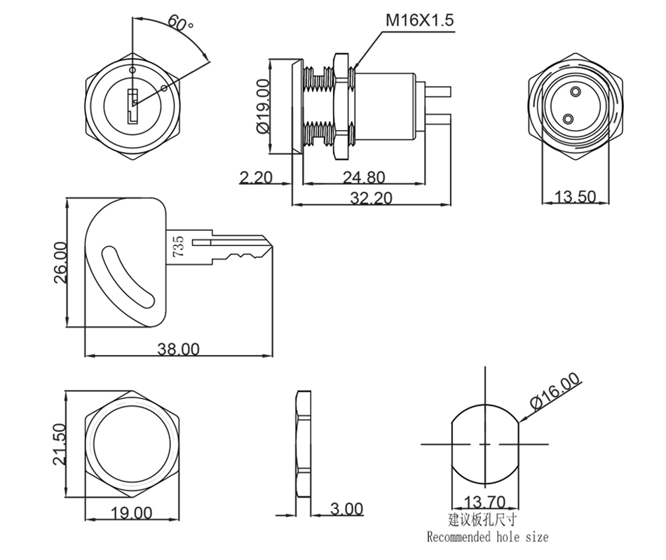 16mm Key Lock Ignition Switch with Lock Mechanism for Industrial and Commercial Applications