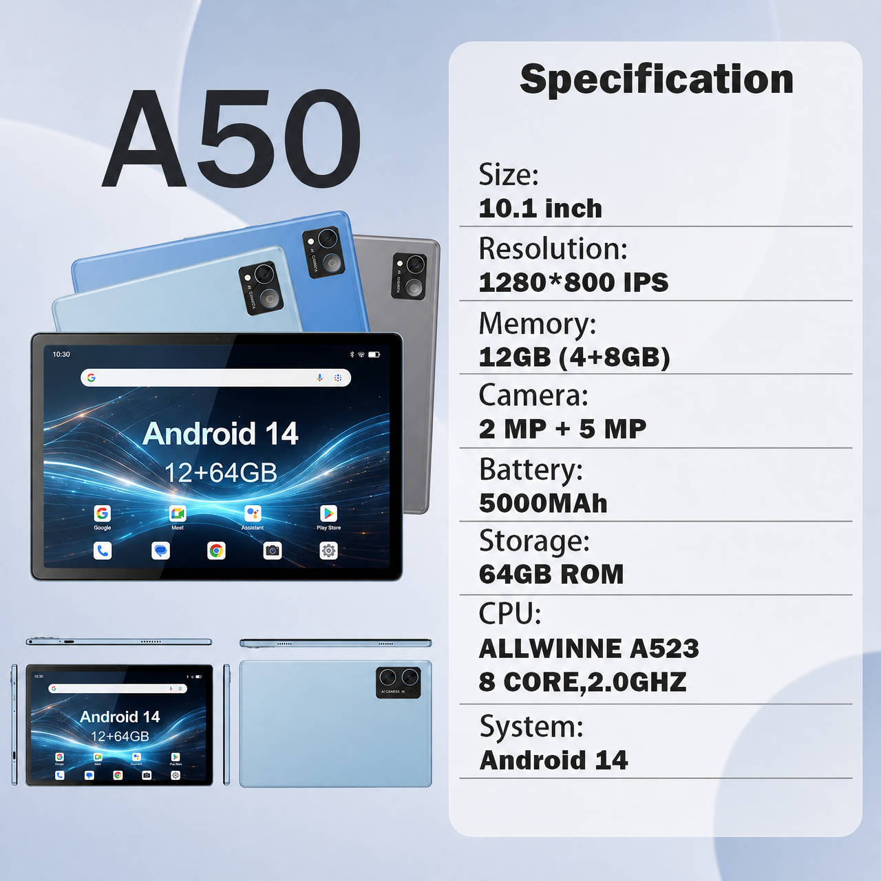 Hot Selling Android 14 OS A523 Octa Core 10.1 Inch HD IPS Touch Screen Real 64GB ROM Business PC Tablet for Adult