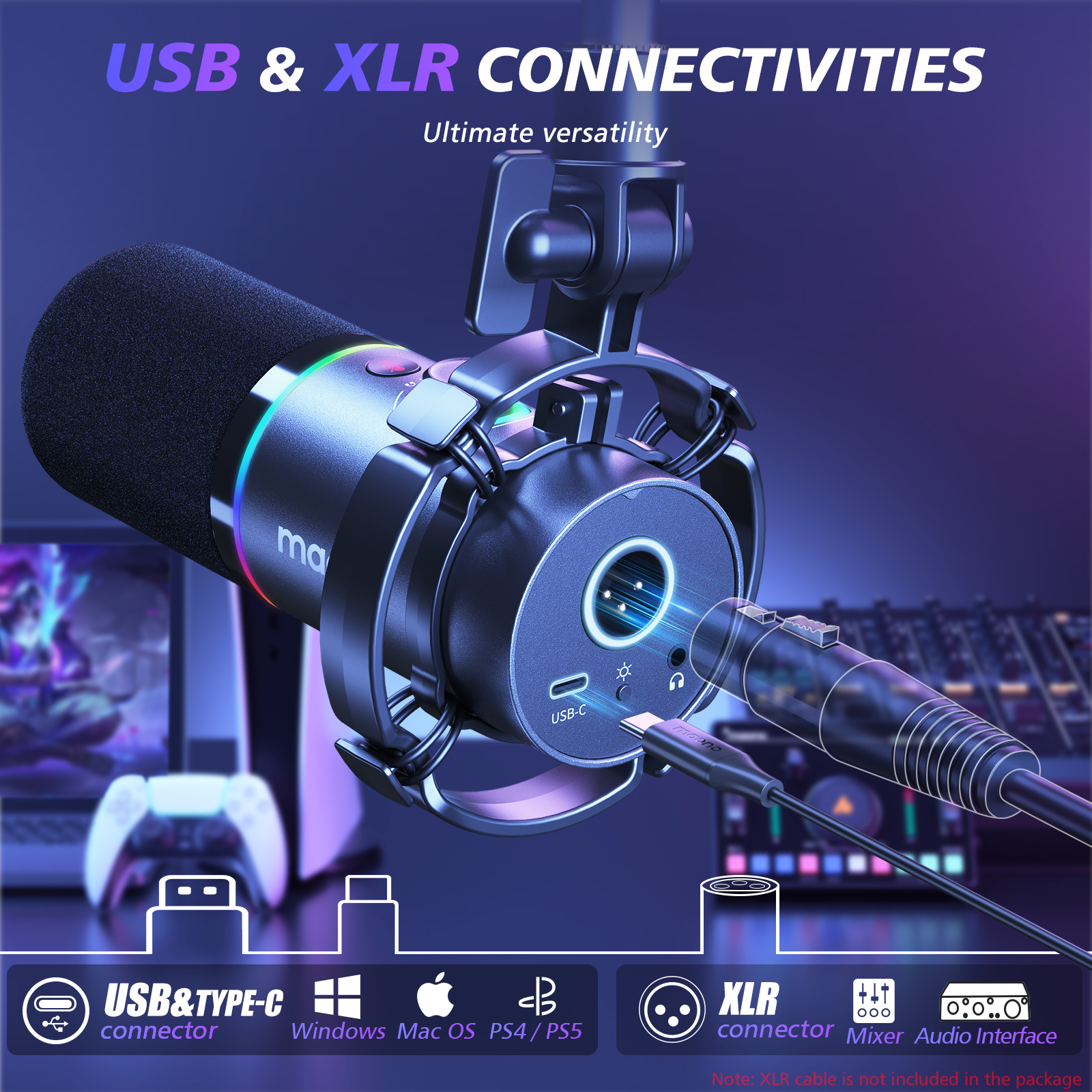 Maono PD200XS Microphone USB/XLR RGB Light Gaming Live Streaming Podcasting Video Recording Arm Stand
