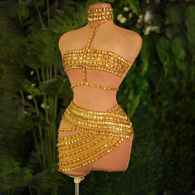 Luxury Gold Rhinestone Stage Outfit Women