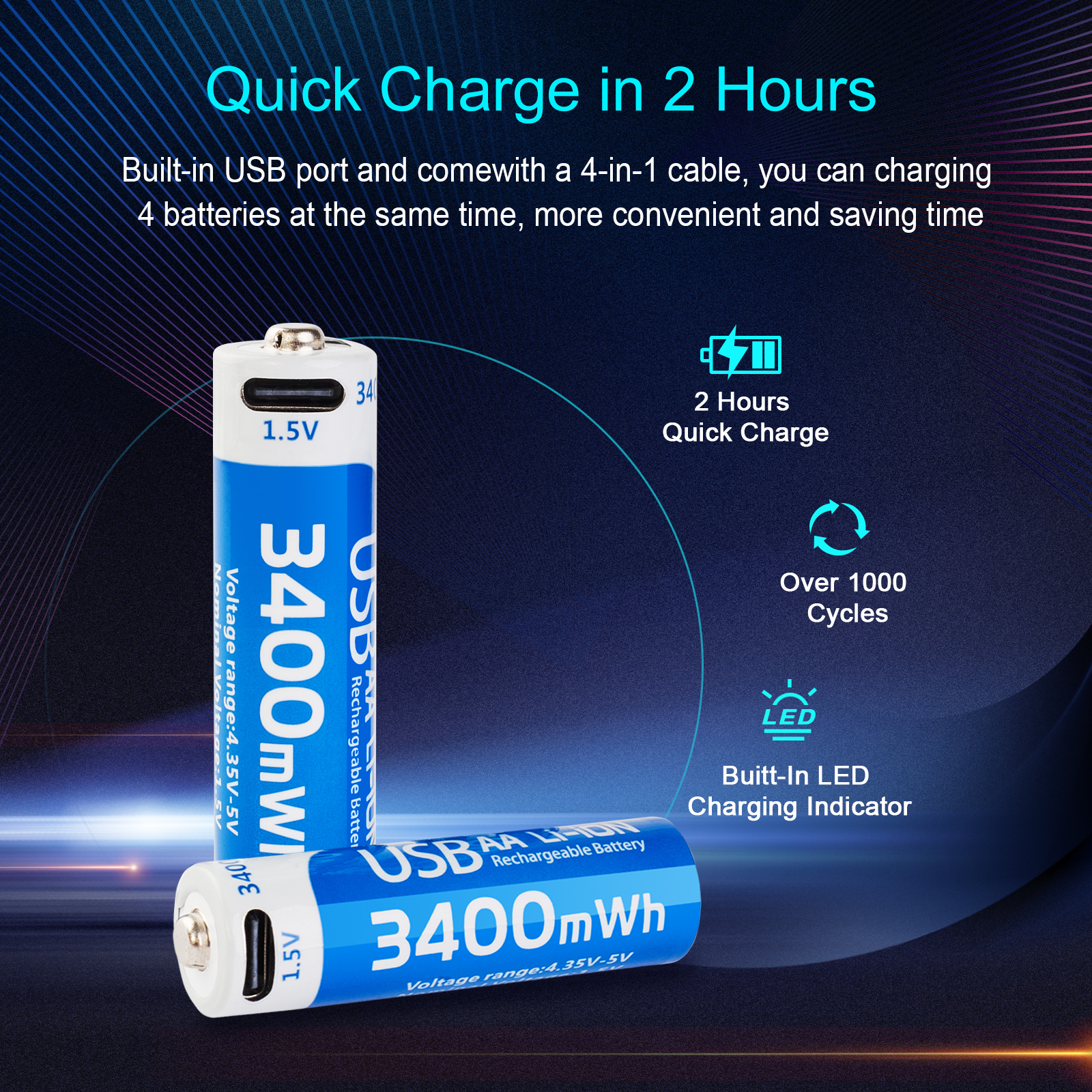 LDSMNLI 3400mwh China Power Home Li-ion Batteries1.0V  1.5v Household AA Usb Rechargeable Lithium Battery
