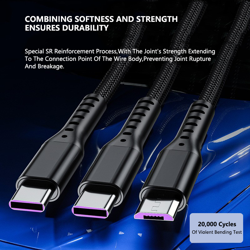 Durable 5A 66W 3 in 1 Charging Cable USB Phone 480Mbps Transmission Wire Accessories Fast Charging USB Cable