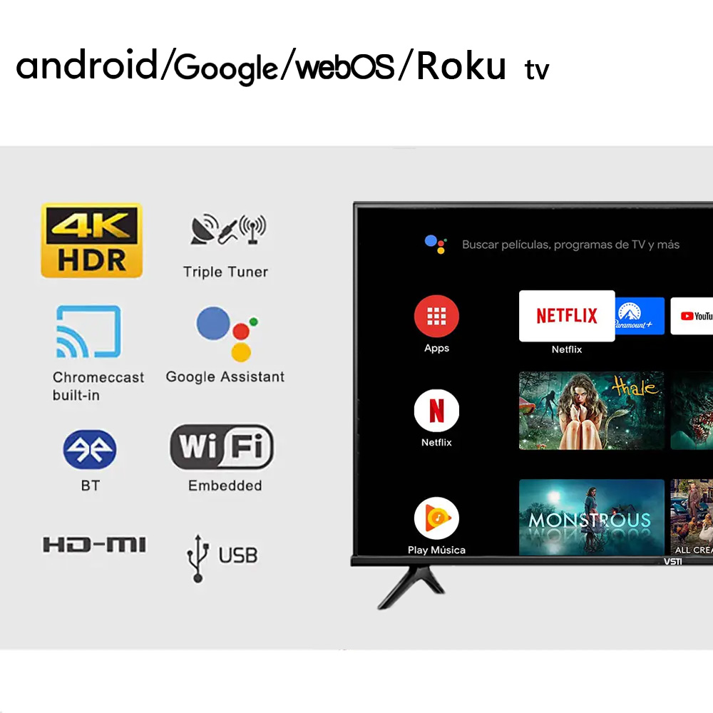 VSTI 70 Inch MiniLED Oled Qled 4K HD TV 55 65 75 86 100 Inch 4K Smart Televisions with Google TV for Hotels and Portable Use