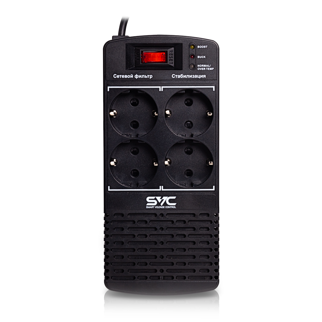Стабилизатор (AVR), SVC, AVR-600-L, Мощность 600ВА/300Вт, LED-индикаторы, Диапазон работы AVR: 174-280В, 4 вых., 1.2 м., Чёрный