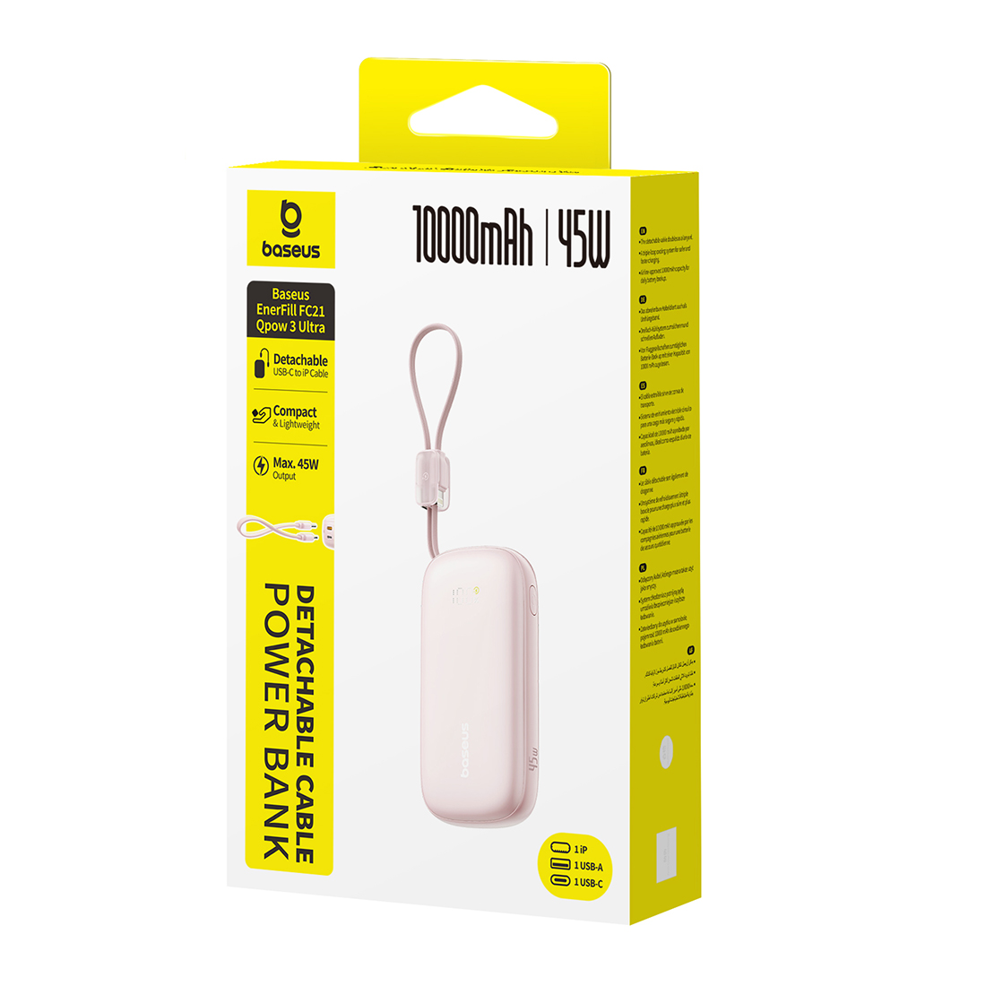 Портативный внешний аккумулятор, Baseus, EnerFill FC21 Qpow 3 Ultra (E0027Q02), 10000 мА·ч, 45 Вт, USB-C, USB-A, Lightning, Встроенный съёмный кабель, PD, QC, SCP, UFCS, Цифровой дисплей, Розовый