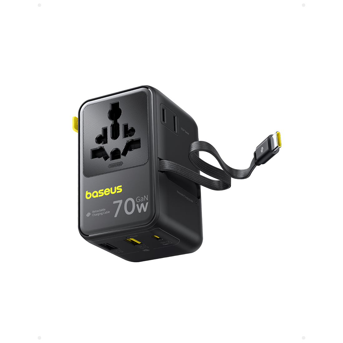 Адаптер питания, Baseus, E0307E00, EnerCore CG11, Universal Travel Adapter, 70W, 6 активных портов, 2AC+2U+1C+USB-C кабель, PD Fast Charge, Выдвижной USB-C кабель, Международные вилки, 100-240V, Защита от перегрева, Черный
