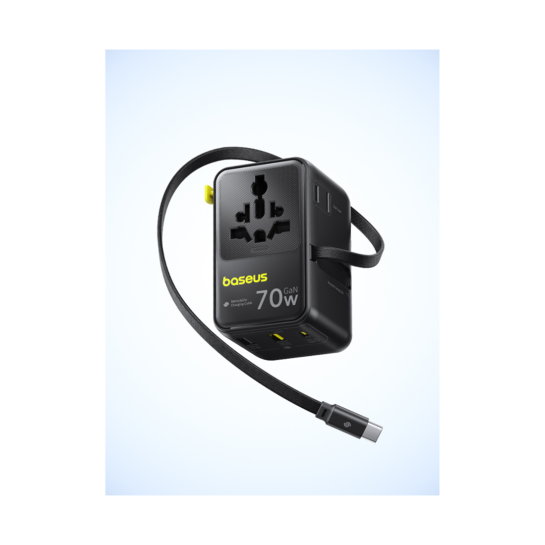 Адаптер питания, Baseus, E0307E00, EnerCore CG11, Universal Travel Adapter, 70W, 6 активных портов, 2AC+2U+1C+USB-C кабель, PD Fast Charge, Выдвижной USB-C кабель, Международные вилки, 100-240V, Защита от перегрева, Черный