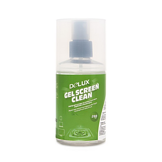 011_Чистящий набор, Delux, Gel Screen Clean, Для экранов и мониторов (LCD, OLED), стеклянных копировальных аппаратов, сканеров и другой оргтехники, Гель 200 мл с салфеткой из микрофибры 18*18 см, Удаление пыли и загрязнений, Дезинфицирует поверхност
