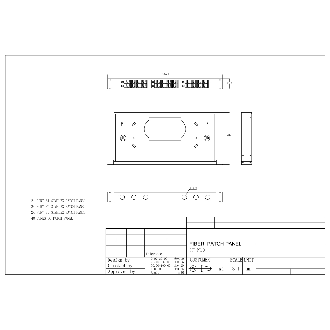 Оптический кросс, SHIP, F-N1, 19" (1U), 24 Порта, FC/SC/ST Simplex LC Duplex, Универсальный, Без адаптеров, Чёрный