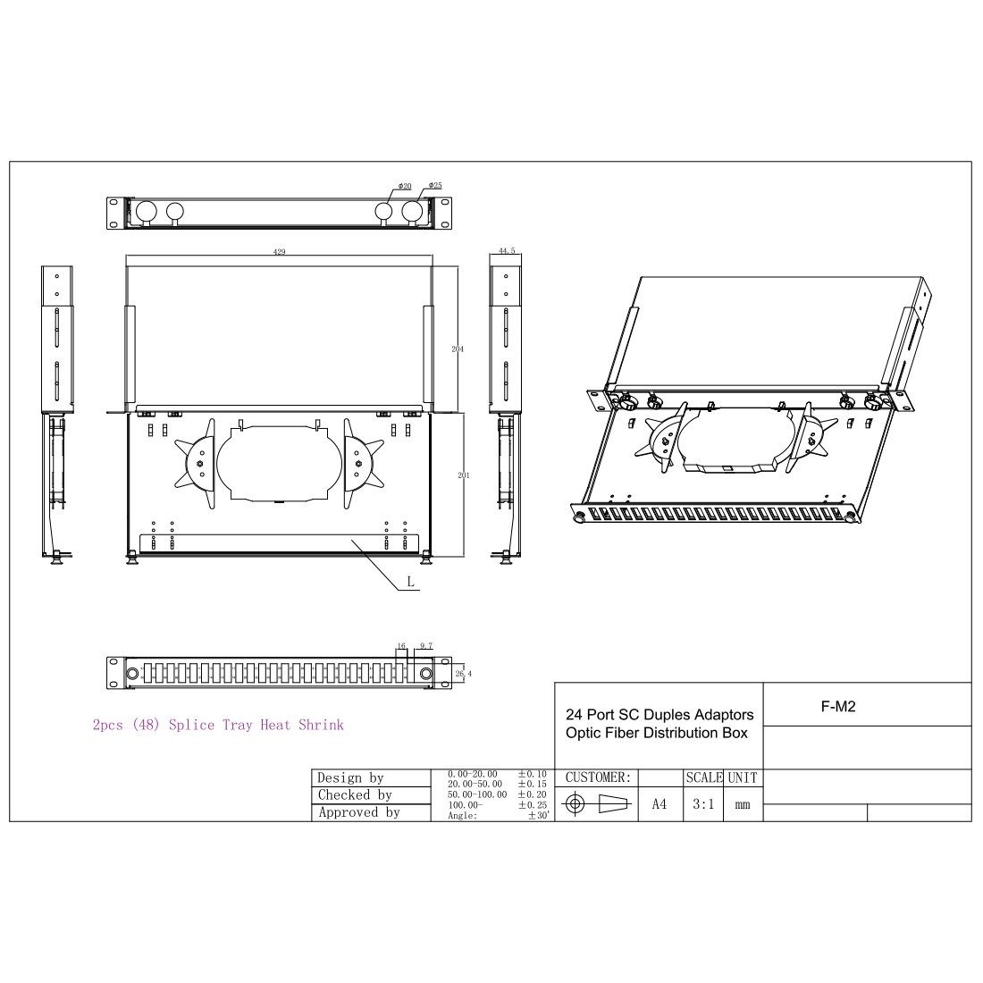 Оптический кросс, SHIP, F-M2, 19" (1U), 24 Порта SC Duplex, Без адаптеров, Чёрный