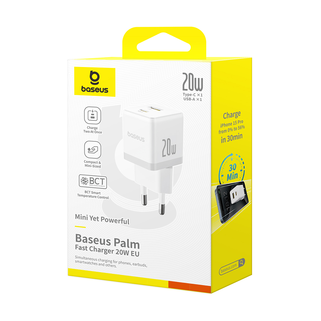 Адаптер питания, Baseus, Palm (P10111608213-00), C+U, 20W, Белый