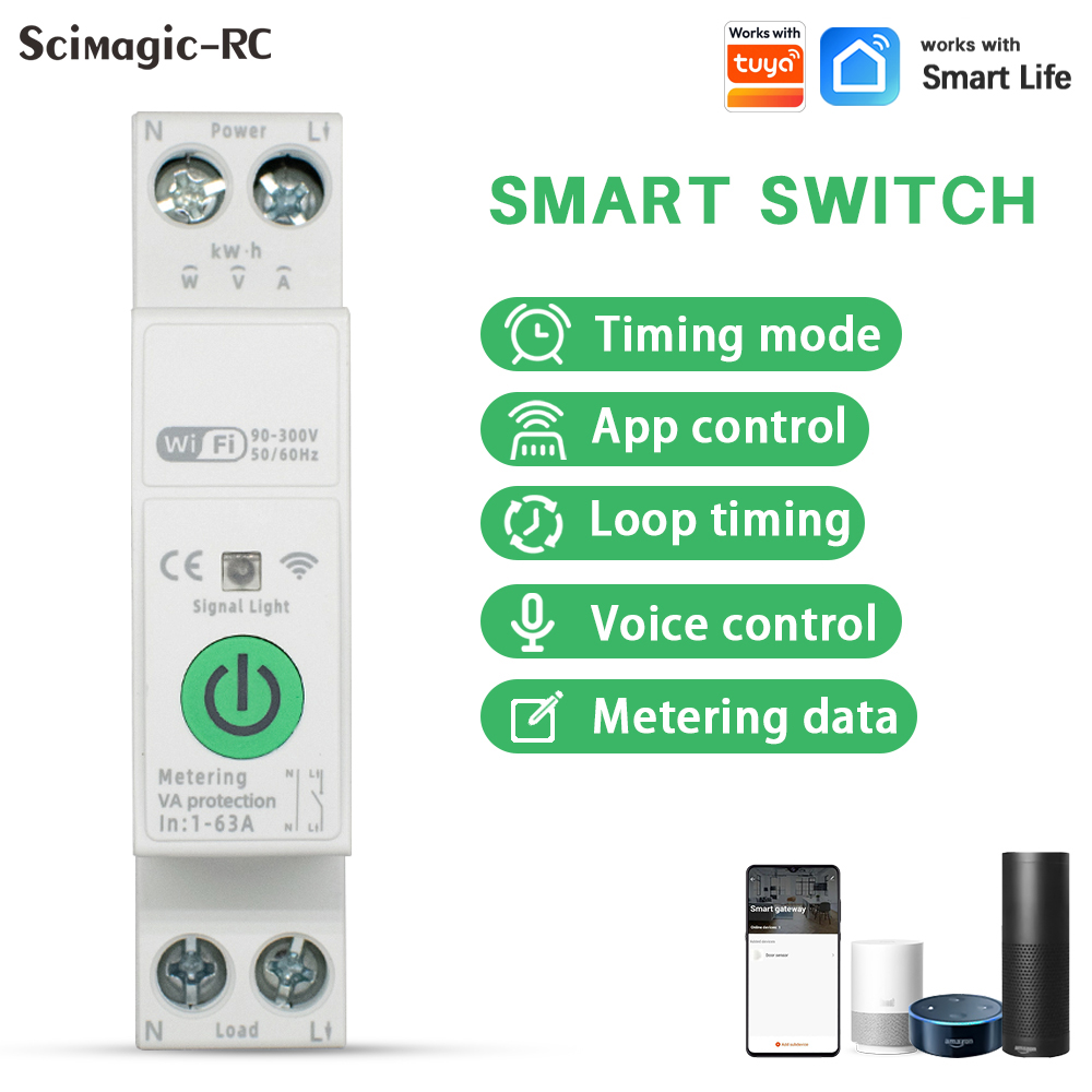 WiFi Smart Circuit Breaker 63A DIN Rail Power Metering Remote Voice Control Switch Works with Smart Life Alexa Google Home