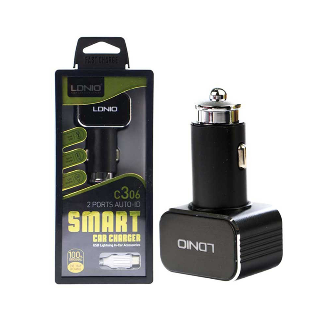 Автомобильное зарядное устройство LDNIO C306 2*USB-A 18W 5V-3.6A с кабелем Lightning (Iphone) 1м, Чёрный