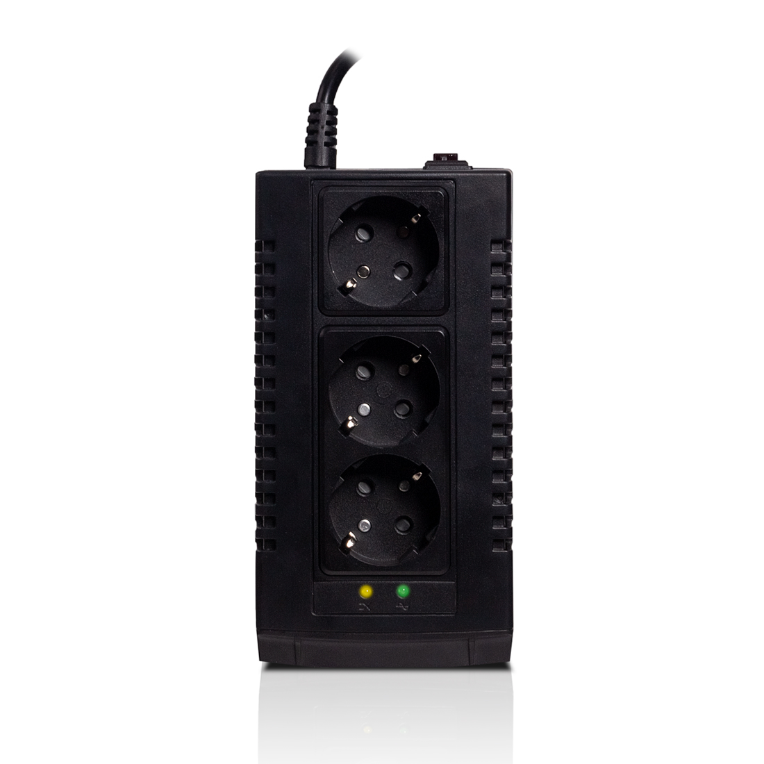 Стабилизатор (AVR), SVC, AVR-1000-S, Мощность 1000ВА/500Вт, Выходное напряжение: 220В +/-10%, LED-индикаторы, Диапазон работы AVR: 184-284В, Выходные разъемы: schuko x 3, Чёрный