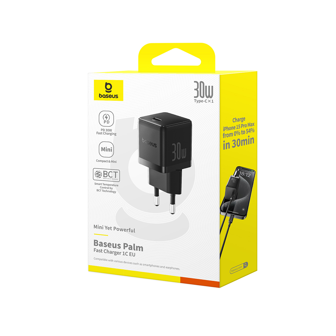 Адаптер питания, Baseus, Palm 1C, P10111605113-00, CCZC30CE, 30 Вт, 1USB-C, 5В3А / 9В3А / 12В2,5А / 15В2А / 20В1,5А, PD 3.0, QC 3.0, PPS, 100–240В~, 50/60Гц, 0,8А, 54,63131 мм, 48,1 г, EU, Cluster Black, Черный