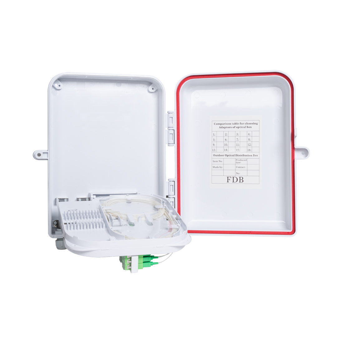 Коробка распределительная оптическая, А-Оптик, FTTH-FD-208-16, укомплектованная SC/APC, Настенный, Пластик, Белый