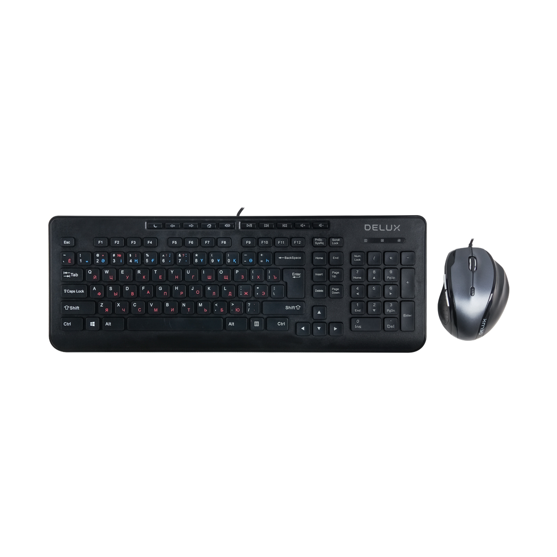 Комплект Клавиатура + Мышь, Delux, DLD-6220OUB, Оптическая Мышь, USB, 1000-3200DPI, Длина кабеля 1,6 метра, Кол-во стандартных клавиш 104, Анг/Рус/Каз, Чёрный