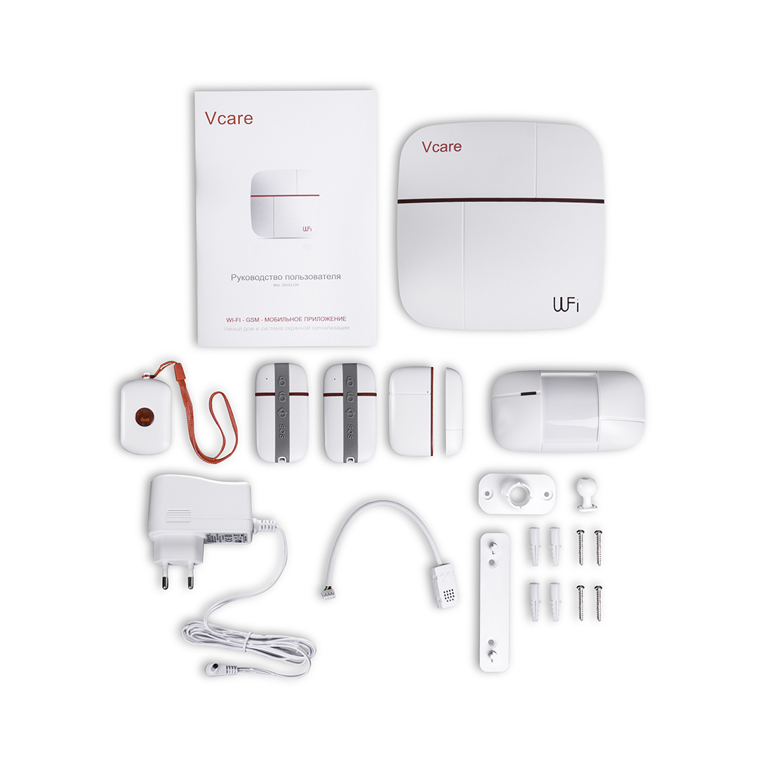 Беспроводной комплект системы безопасности, Patrol Hawk, A V-care (Стандарт), Wi-Fi, GSM, 1x панель сигнализации, 1x датчик движения, 1x датчик размыкания, 2x пульт управления, 1x кнопка вызова, 1x датчик температуры и влажности, IOS и Android