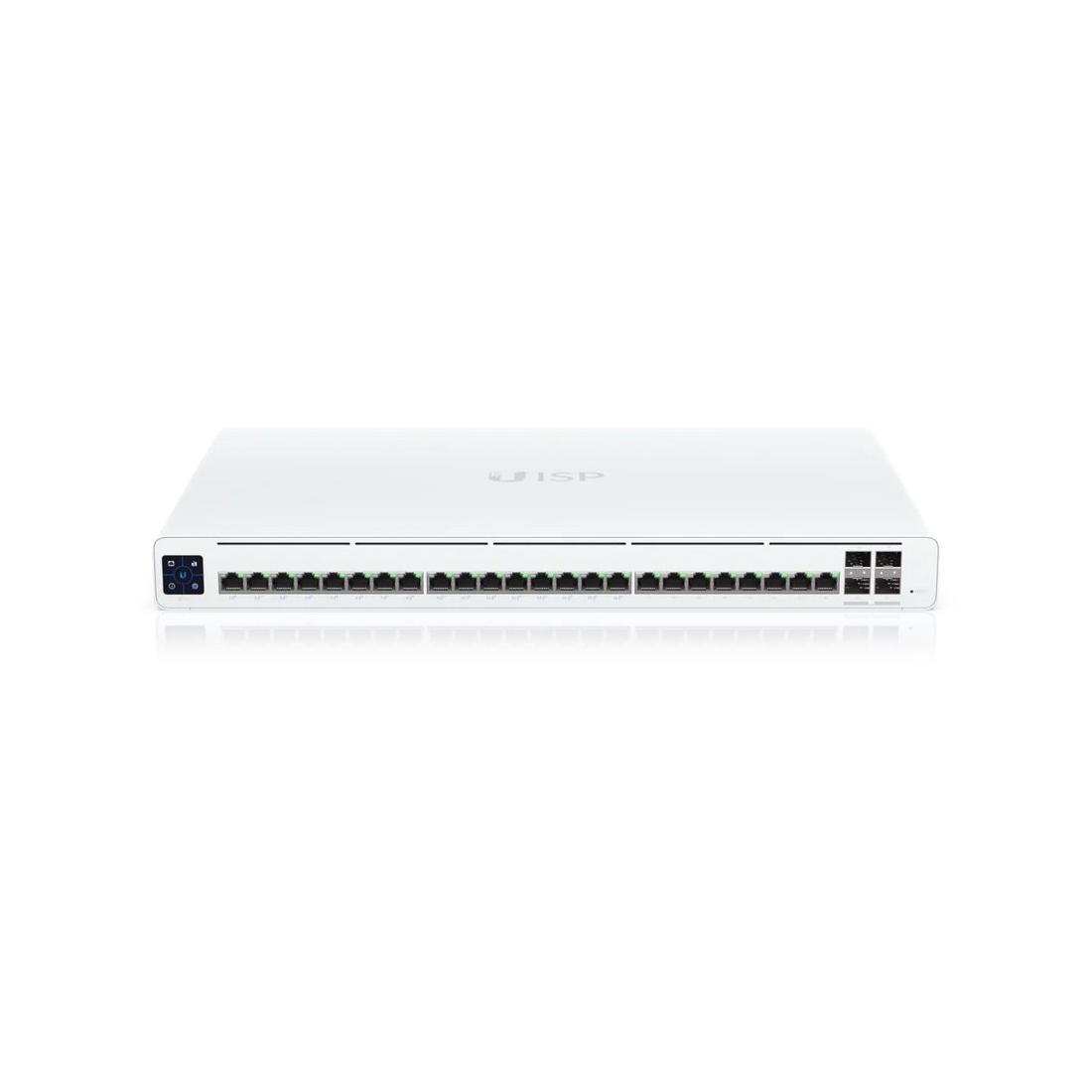 Сетевой коммутатор, Ubiquiti, UISP-S-Pro, UISP Switch, управляемый L2, 24 порта 100/100/1000 Mbps RJ-45 (LAN1–16 с пассивным PoE 27В), uplink/downlink, сенсорный ЖК-дисплей, Passive PoE, бюджет 220Вт, 4 порта SFP+ , Стоечный