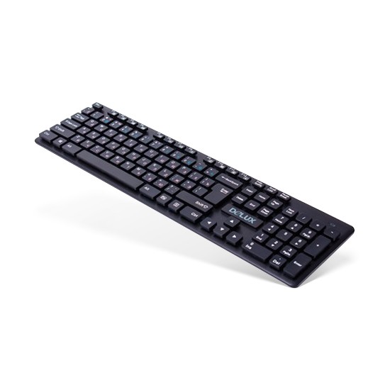 Клавиатура, Delux, DLK-150GB, Ультратонкая, Беспроводная 2.4ГГц, Кол-во стандартных клавиш 104, 12 мультимедиа-клавиш (FN), Размер: 433*124*20,7 мм., Анг/Рус/Каз, Чёрный