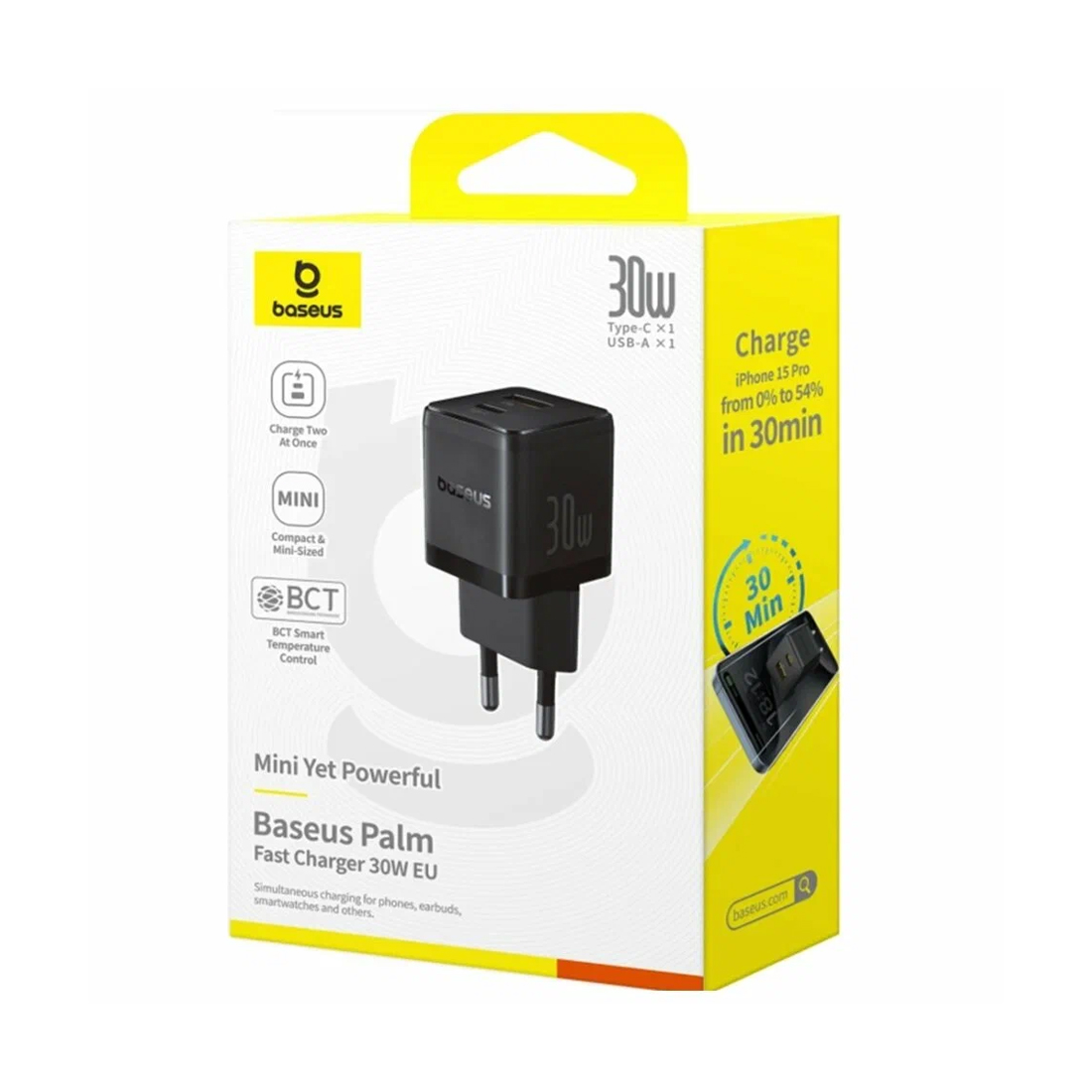 Адаптер питания, Baseus, Palm C+U, P10111608113-01, 20 Вт, 1USB-C + 1USB-A, USB-C: 5В3А / 9В2,22А / 12В1,67А, USB-A: 5В3А / 9В2А / 12В1,5А, PD 3.0, QC 3.0, 100–240В~, 50/60Гц, 0,8А, кабель USB-C—USB-C, 60 Вт, 1 м, EU, Black, Чёрный