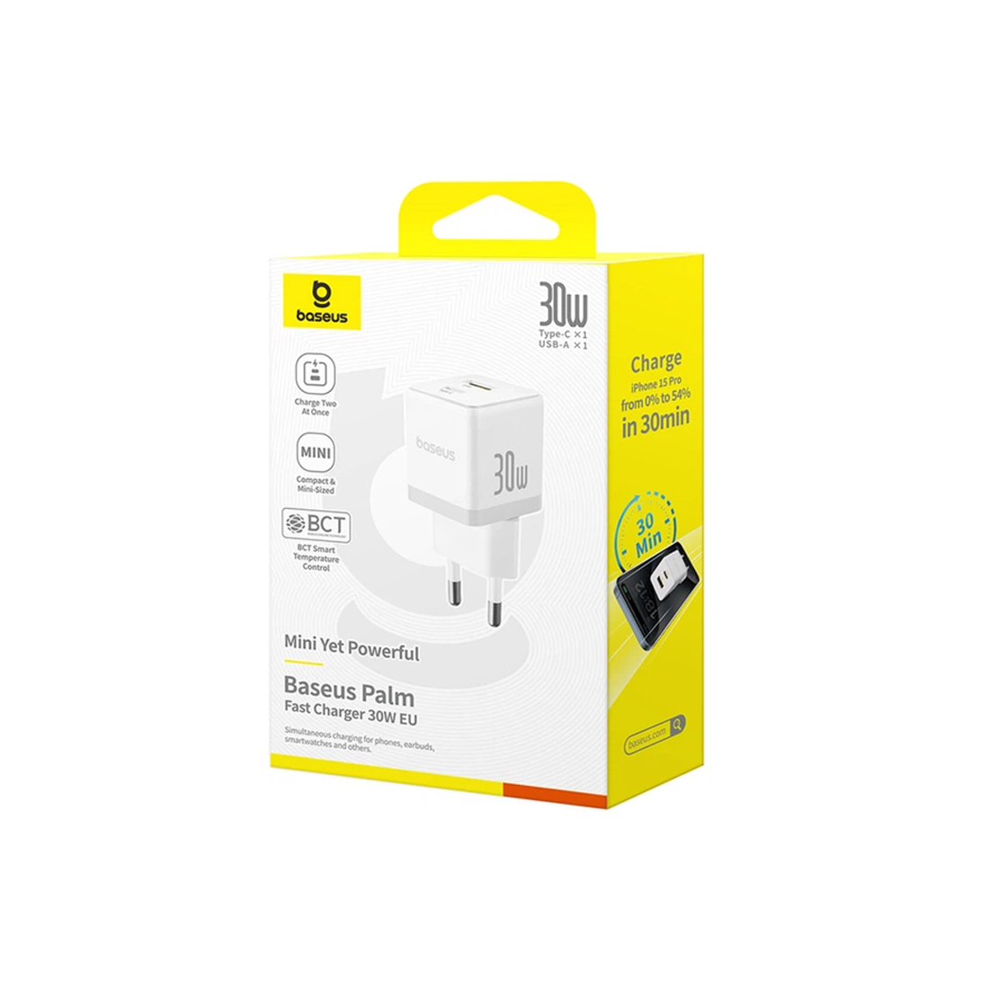 Адаптер питания, Baseus, Palm C+U, P1011160A213-00, 30 Вт, 1USB-C + 1USB-A, USB-C: 5В3А / 9В3А / 12В2,5А / 15В2А / 20В1,5А, USB-A: 5В3А / 9В3А / 12В2,5А / 20В1,5А, C+U: 20+10 Вт, PD 3.0, QC 3.0, PPS, AFC, SCP, FCP, 100–240В~, 50/60Гц, 0,8А, 54,63131 мм, 53,6 г, EU, Moon White, Белый