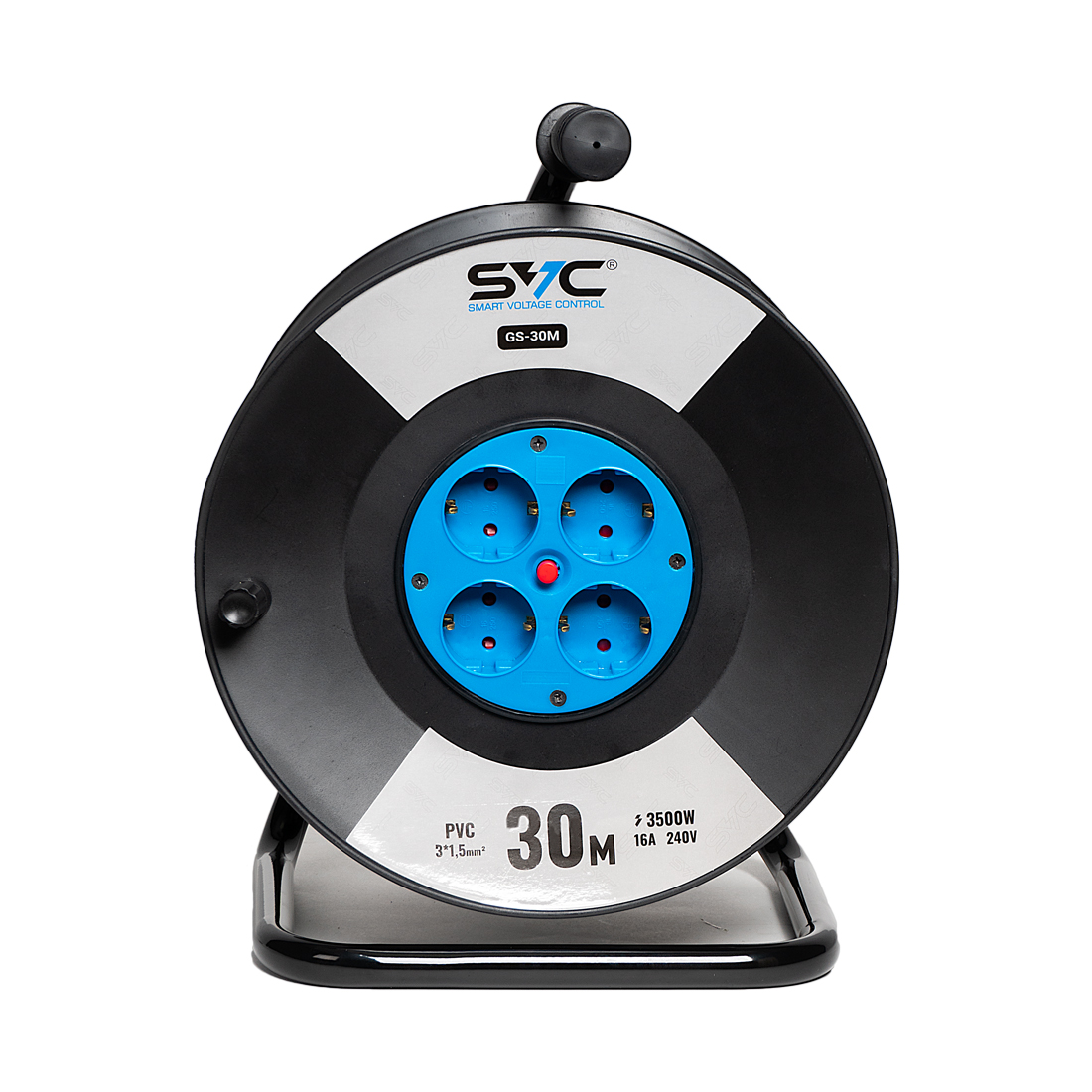 Удлинитель на катушке, SVC, GS-30M, 4 розетки, 30 метров, 3500W, 240В, 16A, 3x1.5mm, Защита от детей, Чёрный