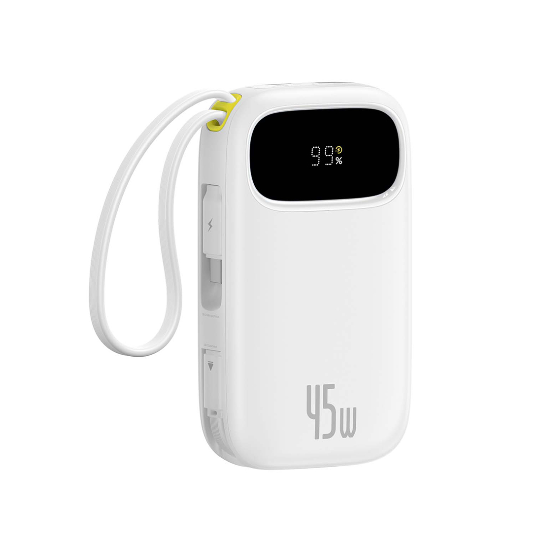 Портативный внешний аккумулятор, Baseus, EnerFill FC31, P10082102213-00, 10000 мА·ч, 45 Вт, 3USB-C, 2 Встроенных кабеля USB-C, Цифровой дисплей, PD, Быстрая зарядка, Li-Pol, 150  70  22 мм, 200 г, Белый