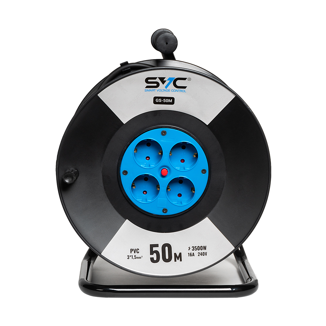 Удлинитель на катушке, SVC, GS-50M, 4 розетки, 50 метров, 3500W, 240В, 16A, 3x1.5mm, Защита от детей, Чёрный