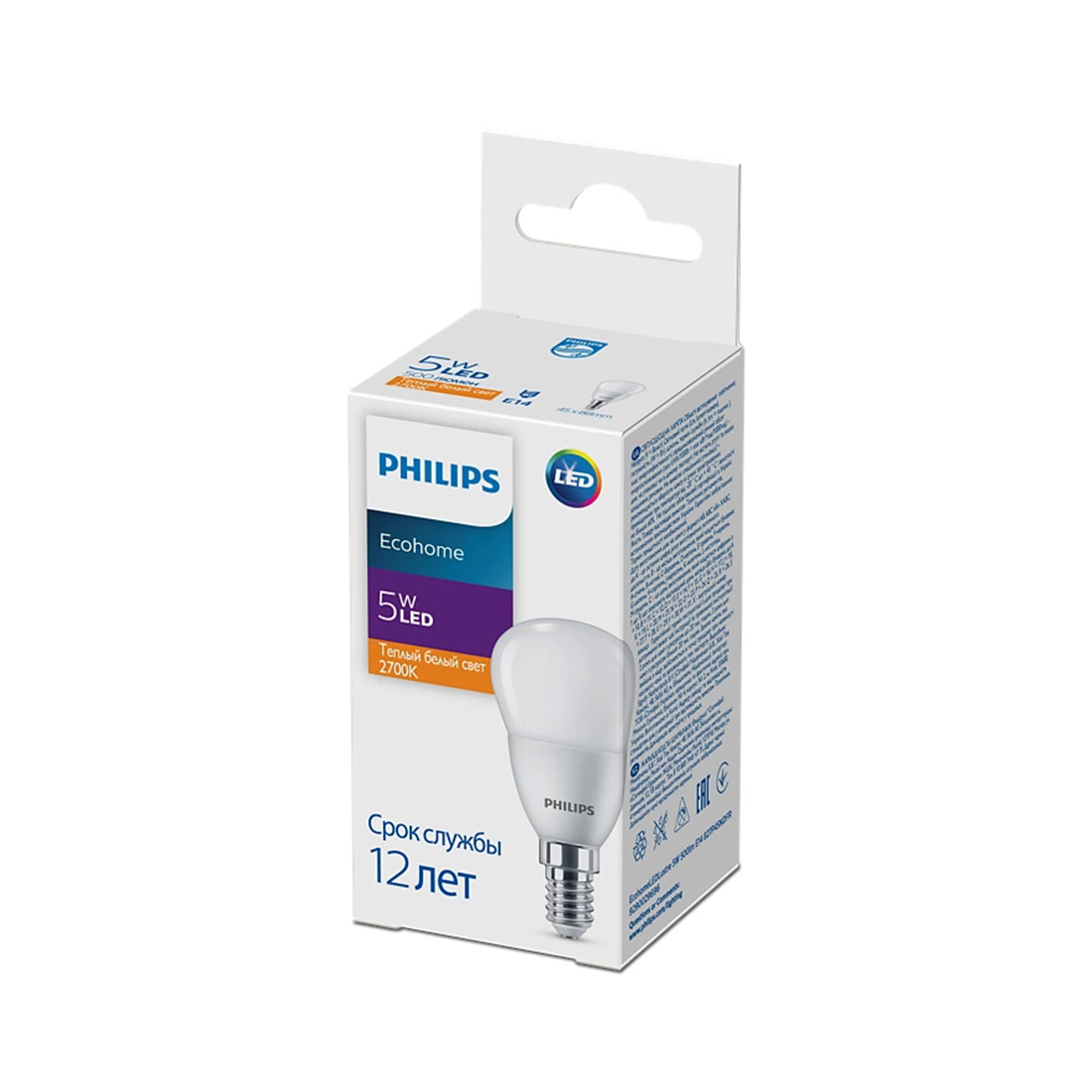 Лампа, Philips, LED Lustre 5W-500lm-E14-827P45NDFR, Ecohome, Мощность 5Вт, Световой поток 500Лм, Цоколь E14, Индекс цветопередачи 80CRI, Температура 2700К, Форма лампы P45, Матовая колба, Тёплый