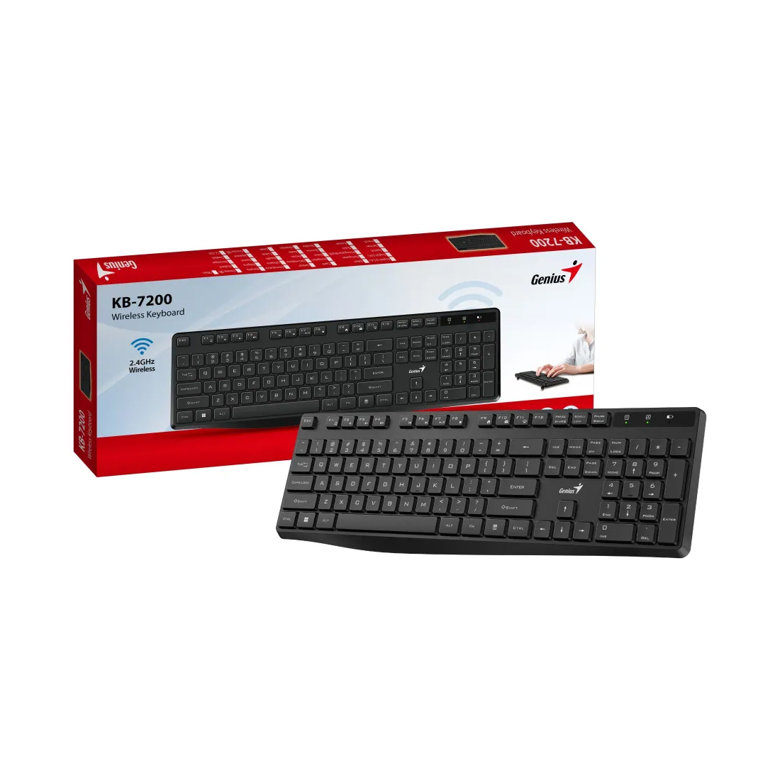 Клавиатура, Genius, KB-7200, Беспроводная 2.4ГГц, Кол-во стандартных клавиш 104, Батарейки в комплекте, Размер: 435,7*140,2*23,3 мм., Анг/Рус, Защита от случайного пролива воды/кофе, Чёрный