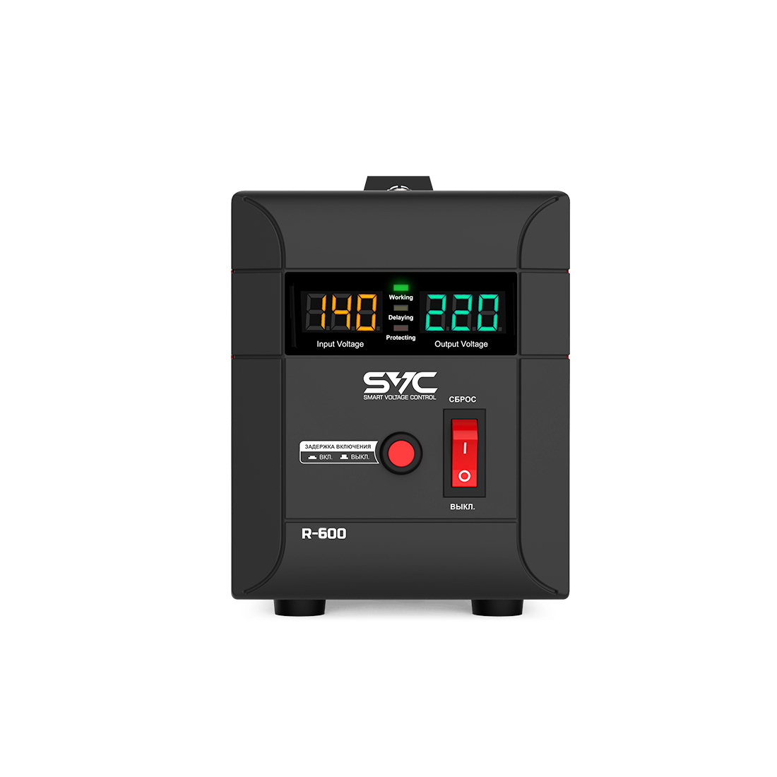 Стабилизатор (AVR), SVC, R-600, 600ВА/500Вт, Диапазон работы AVR: 140-260В, Выходное напряжение: 220В +/-7%, Задержка включения, выход 2 шт Shсuko, LCD-дисплей, Защита: от перегрузки, короткого замыкания, повышенной температуры, Чёрно-красный