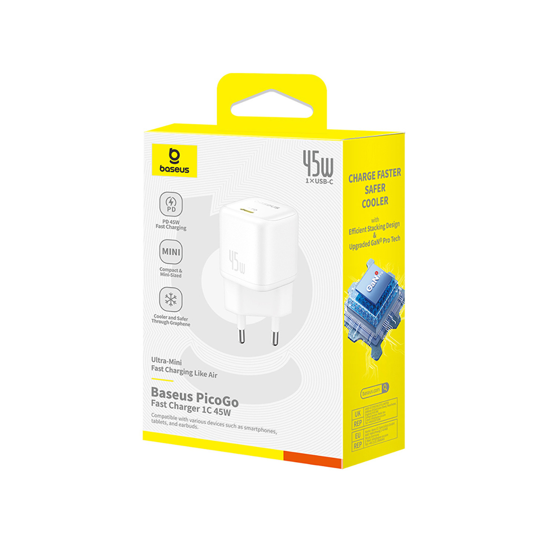 Адаптер питания, Baseus, PicoGo, P10176800213-00, GaN, 45 Вт, 1USB-C, 5В3А / 9В3А / 12В3А / 15В3А / 20В2,25А, PD 3.0, PPS, QC 3.0, FCP, SCP, 100–240В~, 50/60Гц, 1,5А, 333337 мм, 87 г, EU, Moon White, Белый