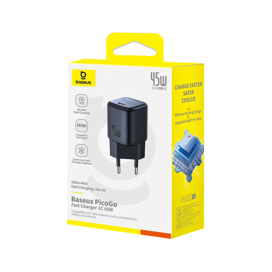 Адаптер питания, Baseus, PicoGo, P10176800123-00, GaN, 45 Вт, 1USB-C, 5В3А / 9В3А / 12В3А / 15В3А / 20В2,25А, PD 3.0, PPS, QC 3.0, FCP, SCP, 100–240В~, 50/60Гц, 1,5А, 333337 мм, 87 г, EU, Cluster Black, Черный