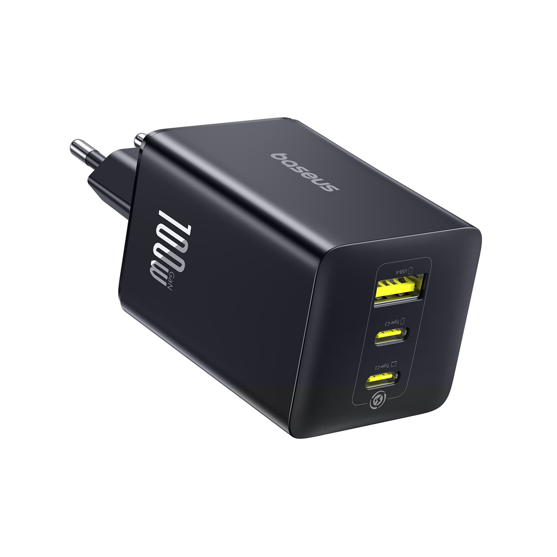Адаптер питания, Baseus, EnerFill FE11, P10182102123-00, GaN 6, 2C+U, 100 Вт, USB-C1/C2: 5В3А / 9В3А / 12В3А / 15В3А / 20В5А, USB-A: 5В3А / 9В2А / 10В2,25А / 12В1,5А, PD 3.0, PPS, QC 4+, QC 3.0, UFCS, AFC, SCP, FCP, 100–240В~, 50/60Гц, 3А, EU, 434465 мм, 184 г, Без кабеля, Чёрный