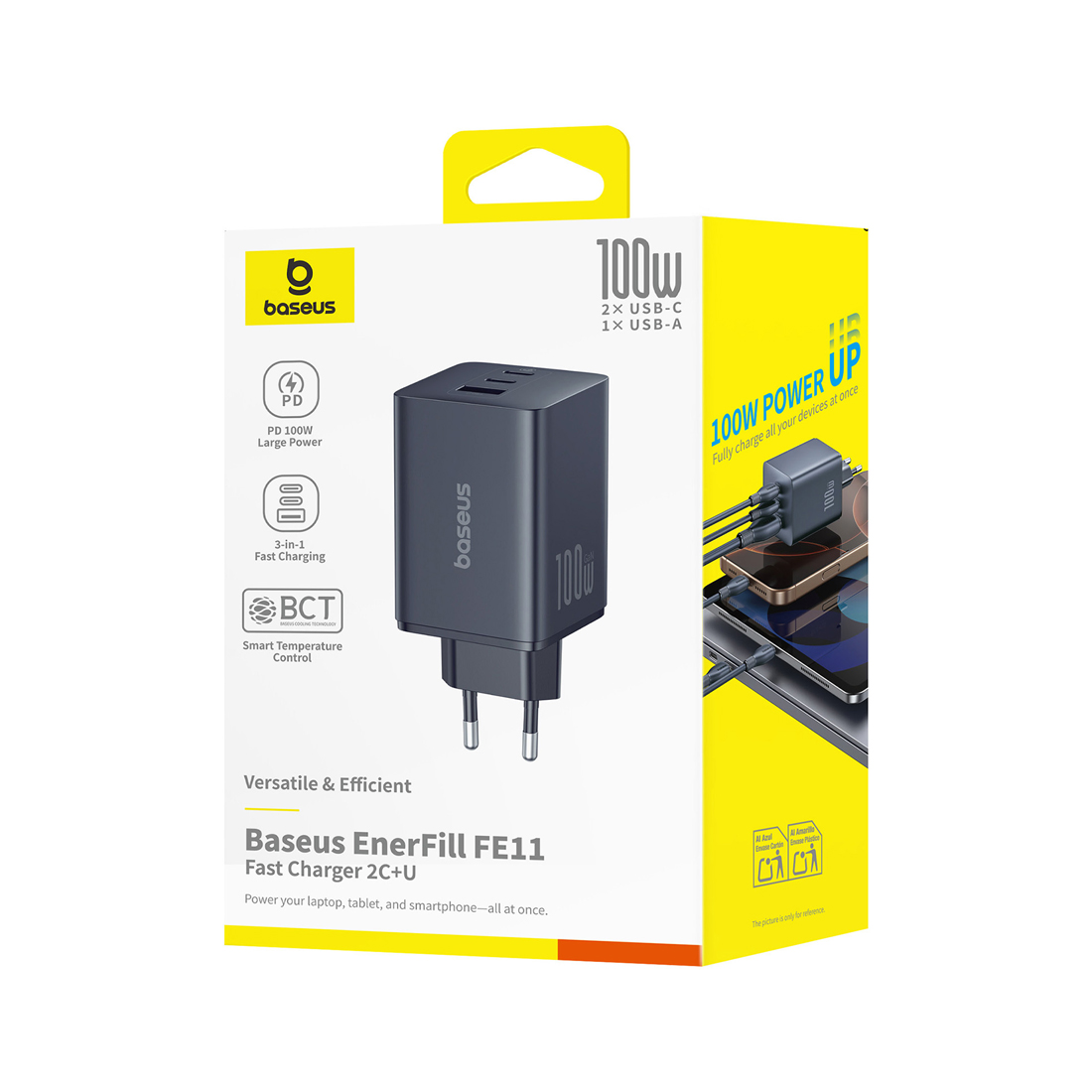Адаптер питания, Baseus, EnerFill FE11, P10182102123-00, GaN 6, 2C+U, 100 Вт, USB-C1/C2: 5В3А / 9В3А / 12В3А / 15В3А / 20В5А, USB-A: 5В3А / 9В2А / 10В2,25А / 12В1,5А, PD 3.0, PPS, QC 4+, QC 3.0, UFCS, AFC, SCP, FCP, 100–240В~, 50/60Гц, 3А, EU, 434465 мм, 184 г, Без кабеля, Чёрный