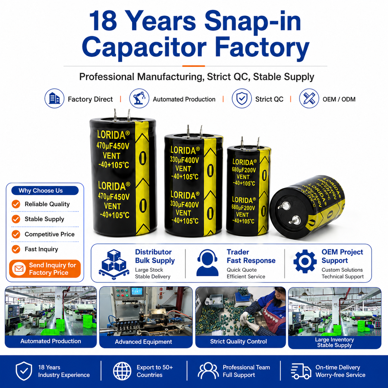 LORIDA 25V 35V 50V 63V 80V 100V 200V 250V 400V 450V 100uf 150uf 220uf 330uf 680uf 1000uf Snap in Aluminum Electrolytic Capacitor
