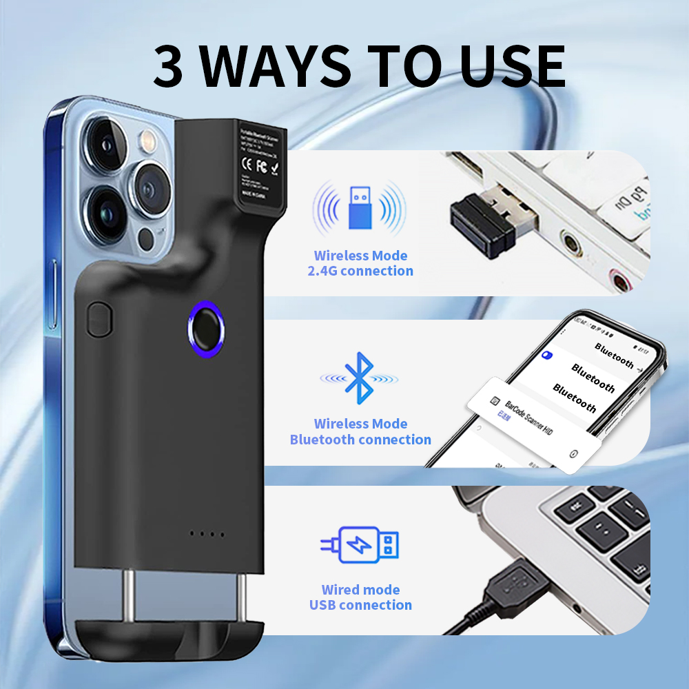 JR-101DC 1D 2D QR Code Reader Portable Back Clip Wireless Bluetooth Barcode Scanner One-Hand Operation Multifunctional