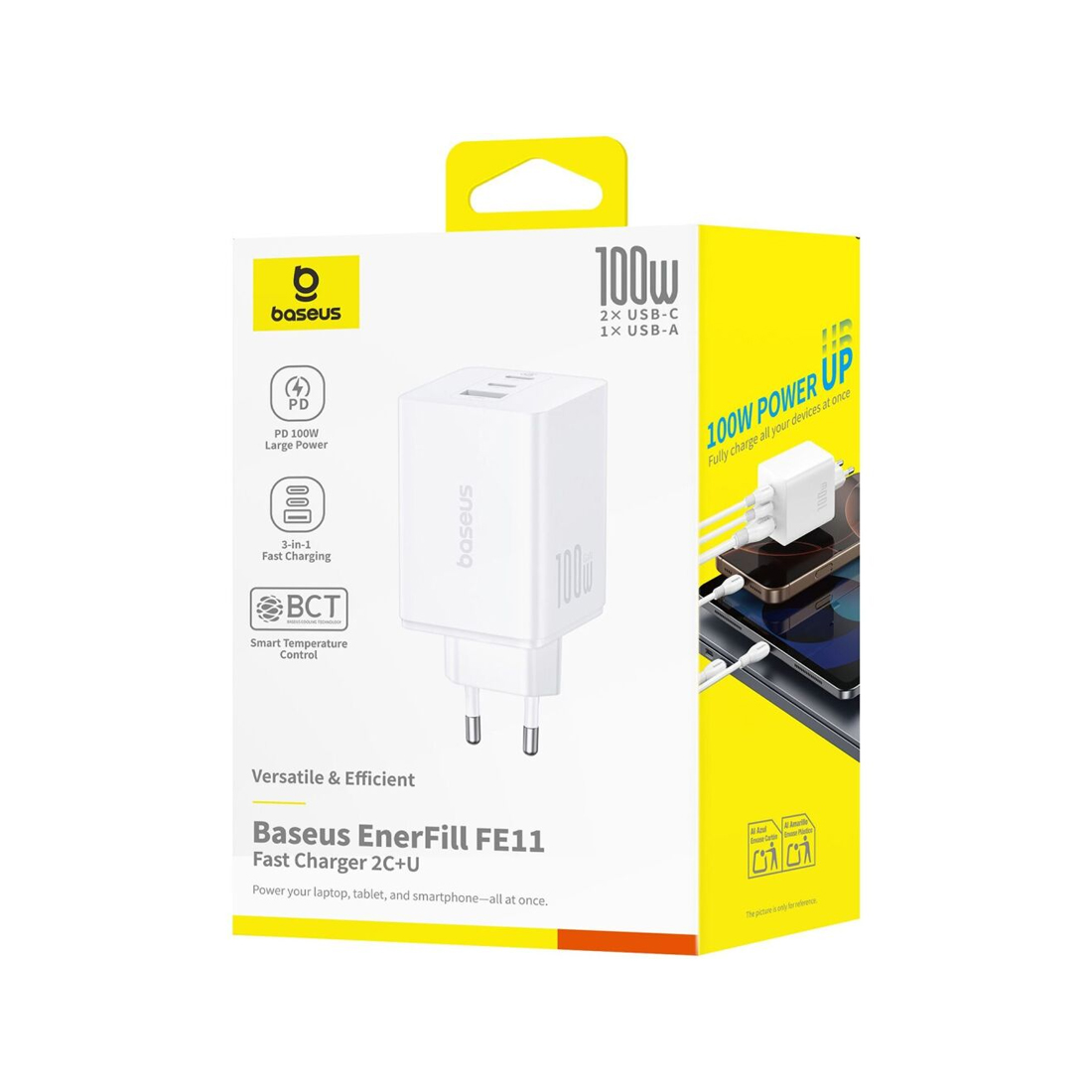 Адаптер питания, Baseus, EnerFill FE11, P10182102213-00, GaN 6, 2C+U, 100 Вт, USB-C1/C2: 5В3А / 9В3А / 12В3А / 15В3А / 20В5А, USB-A: 5В3А / 9В2А / 10В2,25А / 12В1,5А, PD 3.0, PPS, QC 4+, QC 3.0, UFCS, AFC, SCP, FCP, 100–240В~, 50/60Гц, 3А, EU, 434465 мм, 184 г, Без кабеля, Белый