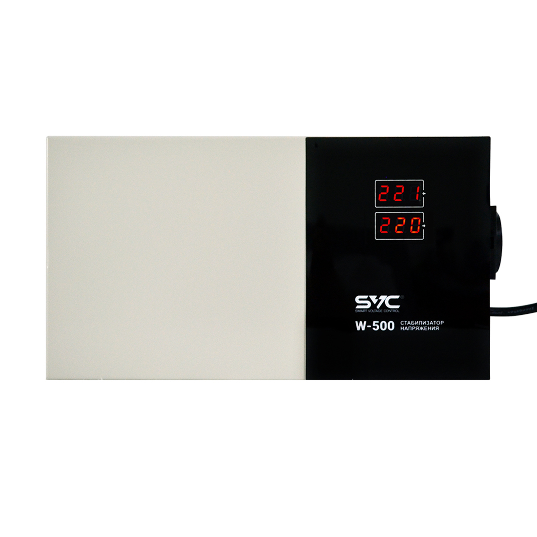 Стабилизатор (AVR), SVC, W-500, Мощность 500ВА/500Вт, LED-дисплей, Диапазон работы AVR: 140-260В, Вых.: 220В+/-7%, 1 х Shcuko, Кабель питания: 1,35м, Габариты: 290*160*65, Черно-белый
