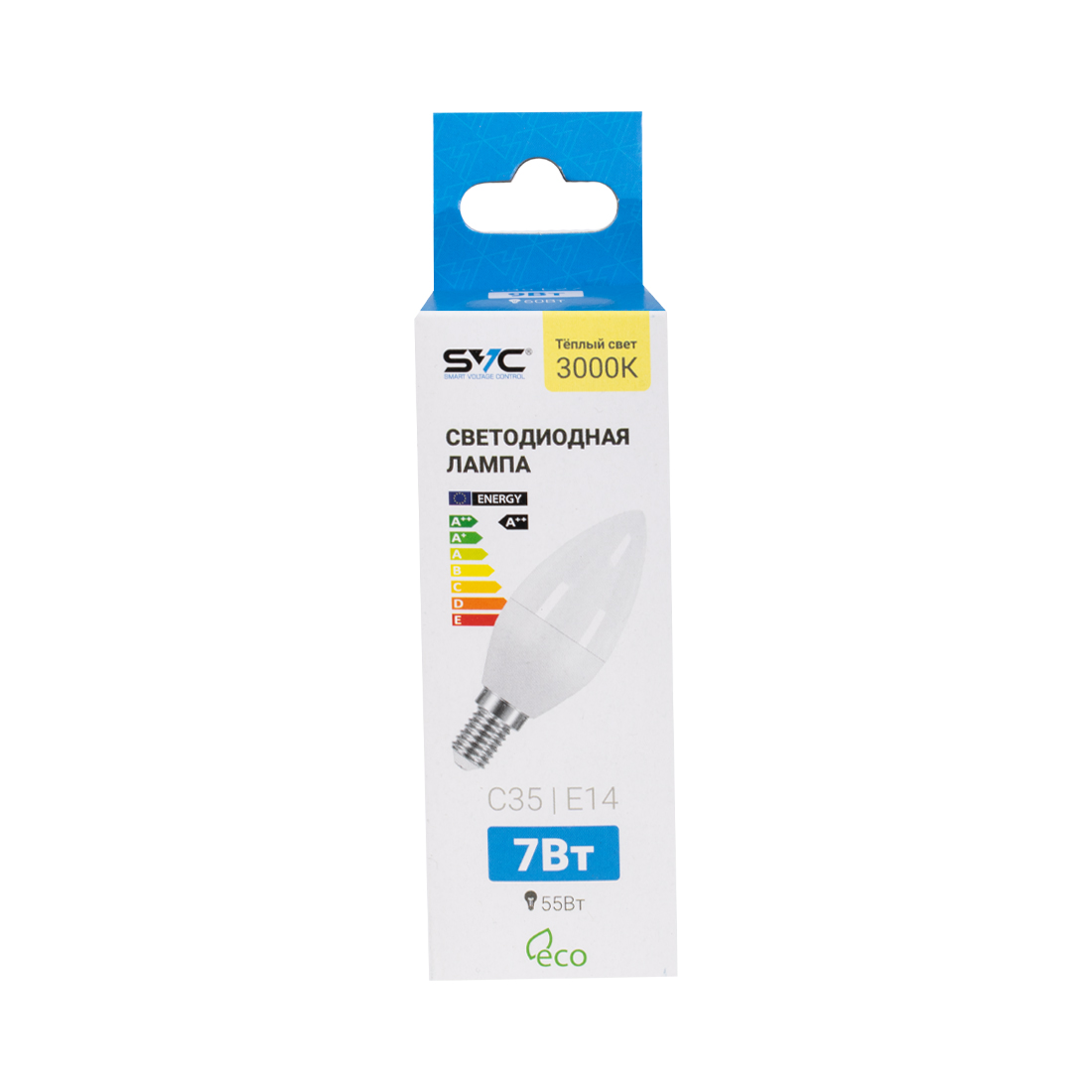 Лампа светодиодная, SVC, LED C35-7W-E14-3000K, Свеча, Мощность 7Вт, Тип колбы C35, Цвет. температура 3000K, Цоколь E14, Тёплый