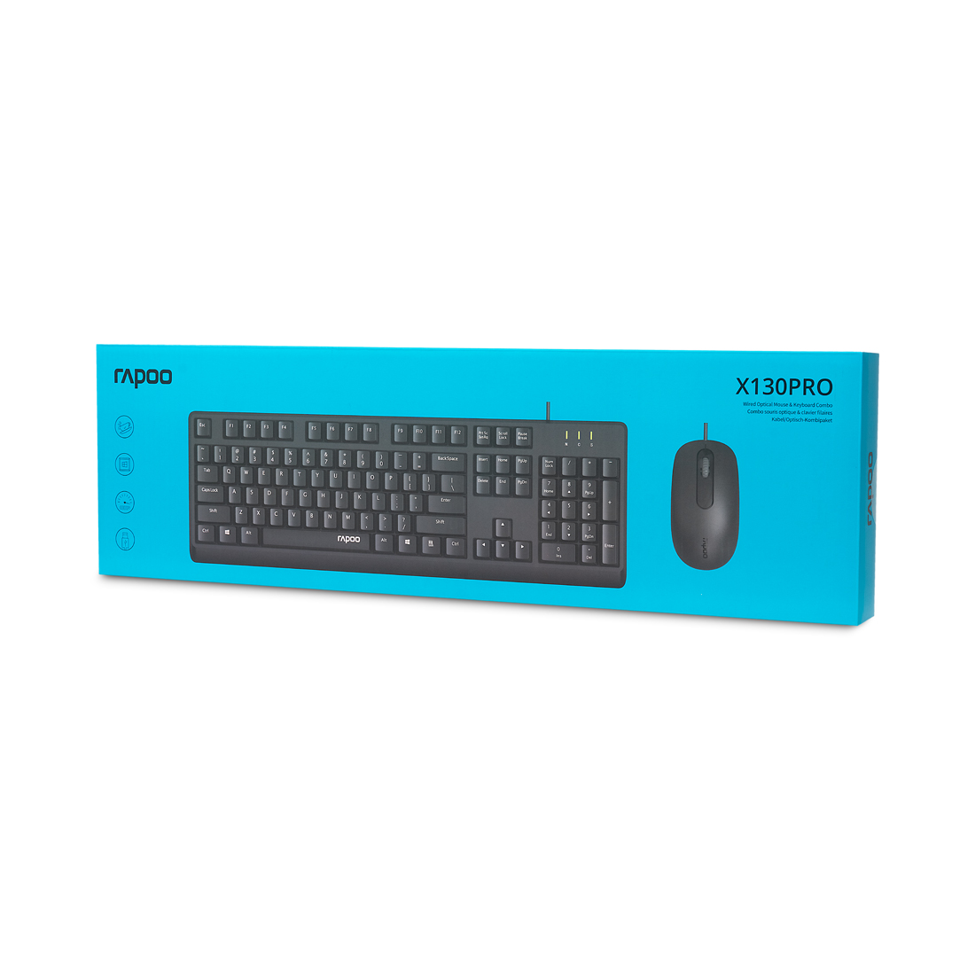 Комплект Клавиатура + Мышь, Rapoo, X130PRO, Оптическая мышь, 1000DPI, USB, Анг/Рус/Каз, Длина кабеля 1,5 метра, Кол-во стандартных клавиш 104, Защита от пролива воды/кофе, Чёрный