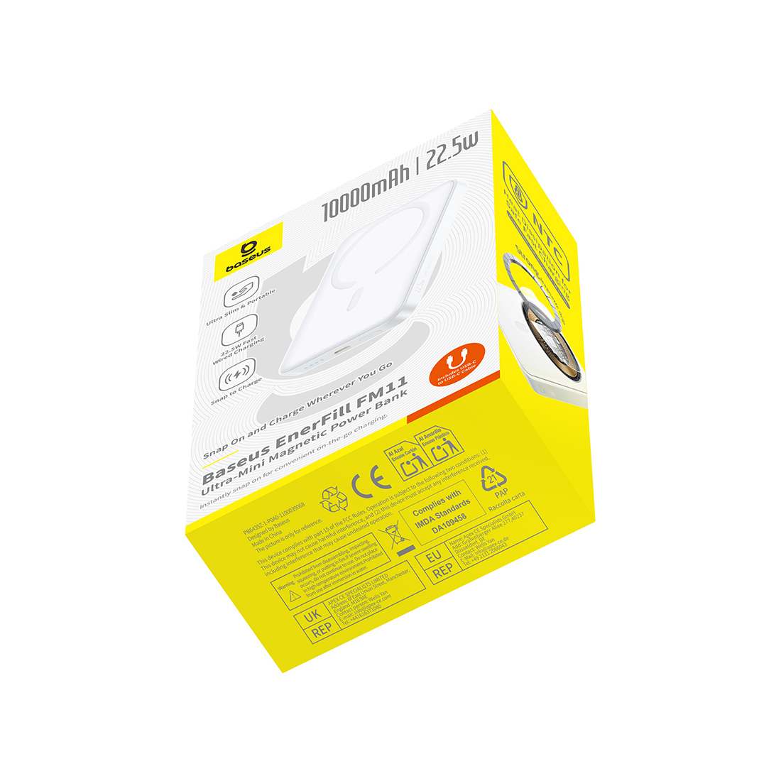 Портативный внешний аккумулятор, Baseus, EnerFill FM11 Ultra-Mini Magnetic, P1008210E213-00, 10000 мА·ч, 37 Вт·ч, Проводная зарядка 22,5 Вт, Беспроводная зарядка 15 Вт, MagSafe, Магниты N52, USB-C, LED-индикатор, Кабель USB-C–USB-C 30 см, 104  69,8  18 мм, 209 г, Белый