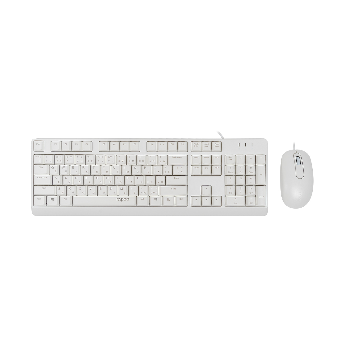 Комплект Клавиатура + Мышь, Rapoo, X130PRO, Оптическая мышь, 1000DPI, USB, Анг/Рус/Каз, Длина кабеля 1,5 метра, Кол-во стандартных клавиш 104, Защита от пролива воды/кофе, Белый