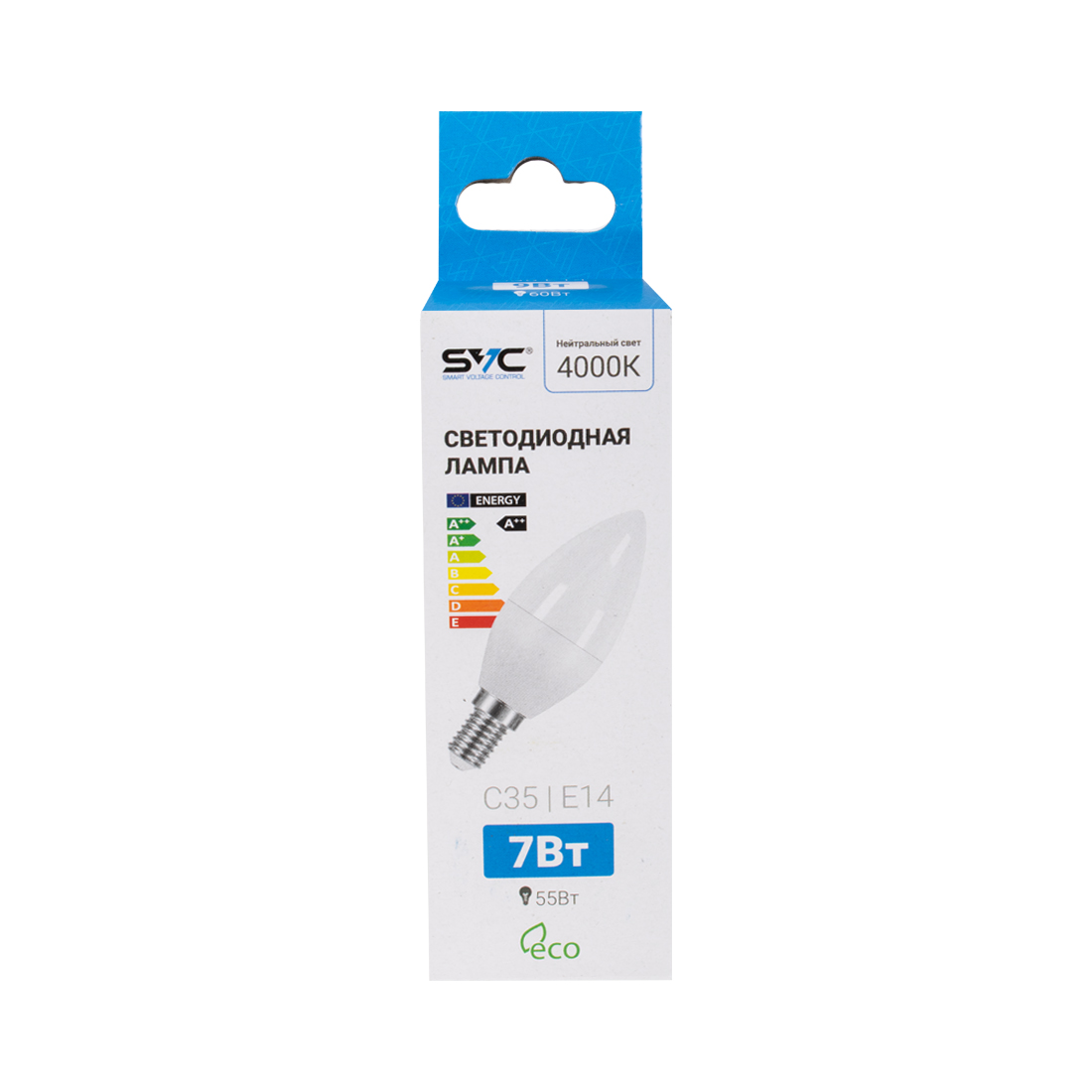 Лампа светодиодная, SVC, LED C35-7W-E14-4000K, Свеча, Мощность 7Вт, Тип колбы C35, Цвет. температура 4000K, Цоколь E14, Нейтральный