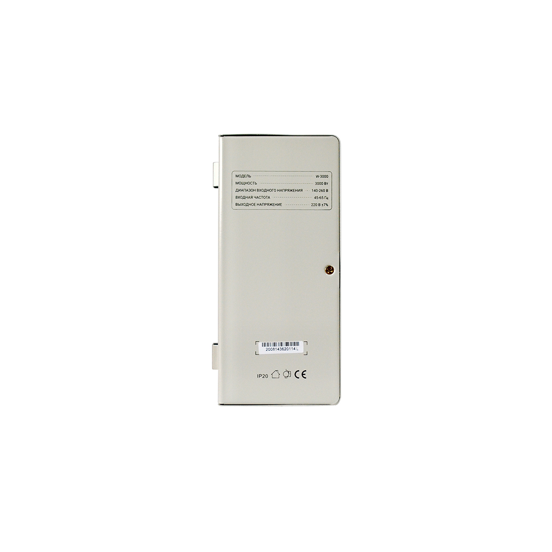 Стабилизатор (AVR), SVC, W-3000, Мощность 3000ВА/3000Вт, LED-дисплей, Диапазон работы AVR: 140-260В, Вых.: 220В+/-7%, Клеммная колодка, Габариты: 380*234*105, Белый