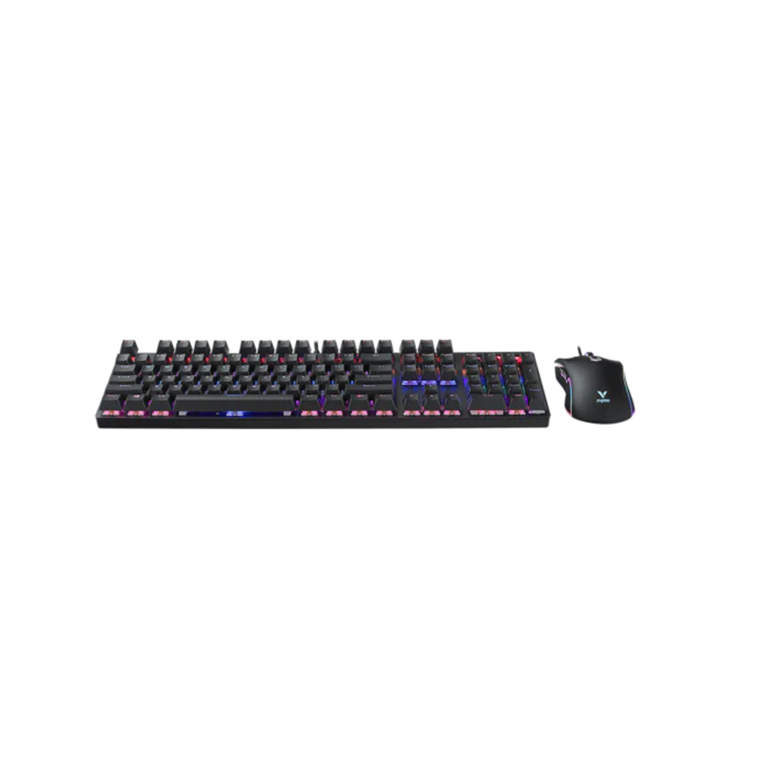 Комплект Клавиатура + Мышь, Rapoo, V150S, Игровой комплект, Оптическая мышь, 6200DPI, USB, Анг/Рус, Длина кабеля 1,8 метра, RGB, Кол-во стандартных клавиш 104, Защита от пролива воды/кофе, Чёрный