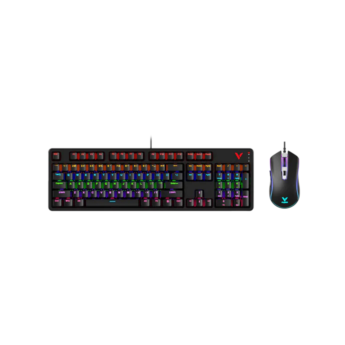 Комплект Клавиатура + Мышь, Rapoo, V150S, Игровой комплект, Оптическая мышь, 6200DPI, USB, Анг/Рус, Длина кабеля 1,8 метра, RGB, Кол-во стандартных клавиш 104, Защита от пролива воды/кофе, Чёрный