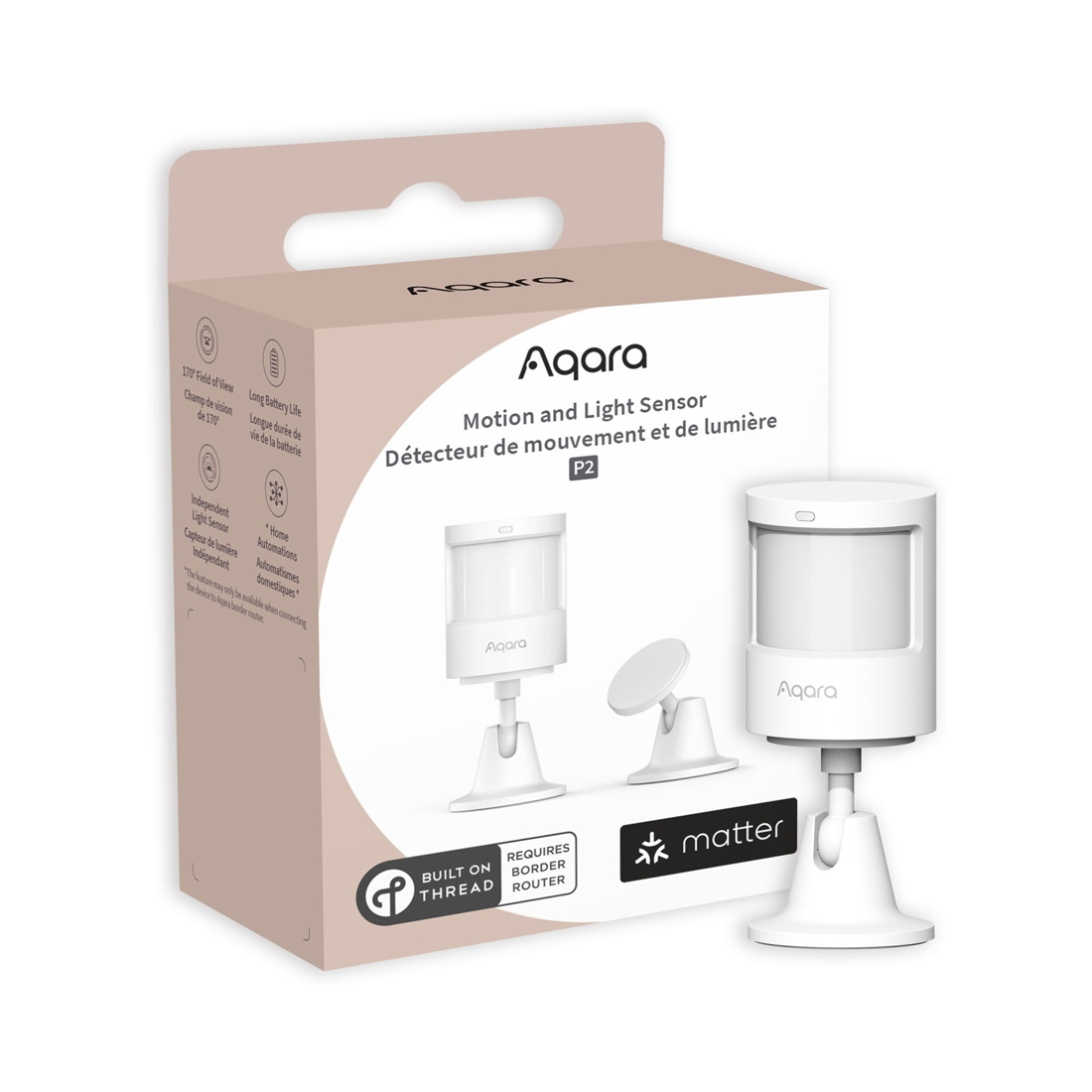Датчик движения и освещения, Aqara, Motion and Light Sensor P2, ML-S03D, Thread, Bluetooth 5.0, До 7 м (до 10 м при использовании с Aqara Home), 0–100000 люкс, До 170, Matter, Apple HomeKit, Google Home, Amazon Alexa, Samsung SmartThings, 2  CR2450 (до 2 лет автономной работы), от -10°C до +55°C, 0 — 95% относительной влажности, 	33,1х41,6 мм Белый
