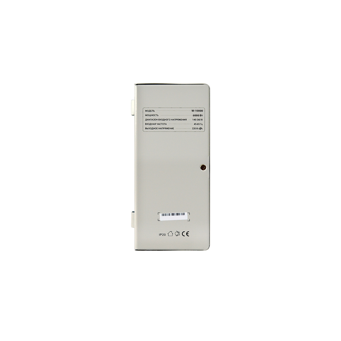 Стабилизатор (AVR), SVC, W-10000, 10000ВА/6000Вт, Диапазон работы AVR: 140-260В, Выходное напряжение: 220В +/-8%, Задержка включения, Клеммная колодка, LCD-дисплей, Защита: от перегрузки, короткого замыкания, повышенной температуры, Белый